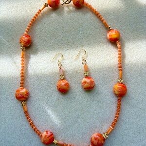 Coral Swirl Beaded Jewelry Set with Gold Accents - Necklace and Earring Set